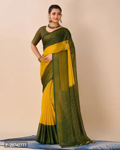 Stylish Yellow Chiffon Printed Banarasi Silk Saree With Blouse Piece For Women