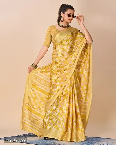 Stylish Crepe Yellow Printed Saree with Blouse piece For Women