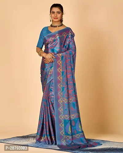 Stylish Crepe Blue Printed Saree with Blouse piece For Women
