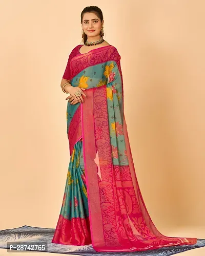Stylish Red Chiffon Printed Banarasi Silk Saree With Blouse Piece For Women