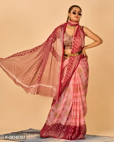 Stylish Maroon Chiffon Printed Banarasi Silk Saree With Blouse Piece For Women