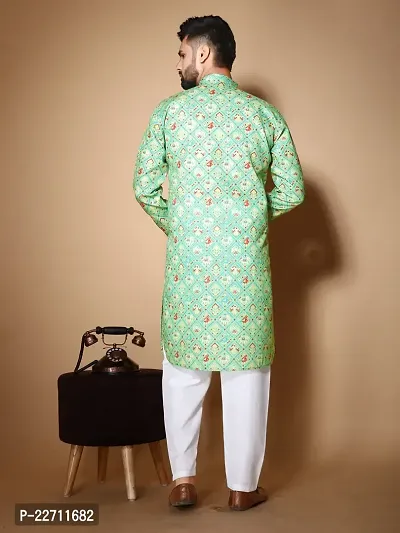 Reliable Green Cotton Blend Printed Knee Length Kurta For Men-thumb3