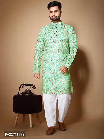 Reliable Green Cotton Blend Printed Knee Length Kurta For Men