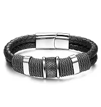 ZIVOM Black Leather 316 L Surgical Stainless Steel Wrist Band Strap Bracelet for Men-thumb2