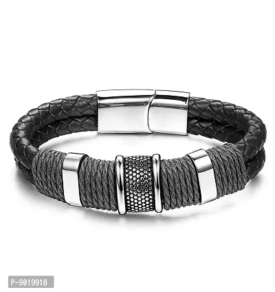 ZIVOM Black Leather 316 L Surgical Stainless Steel Wrist Band Strap Bracelet for Men-thumb3