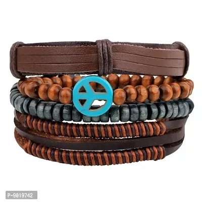 Zivom#174; Peace Handcrafted Brown Leather Wrist Band Multi Strand Bracelet Men-thumb0