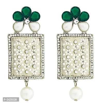 ZIVOM#174; Designer American Diamond Green Pearl Rhodium Long Earring For Women-thumb0