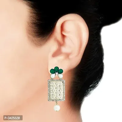 ZIVOM#174; Designer American Diamond Green Pearl Rhodium Long Earring For Women-thumb3