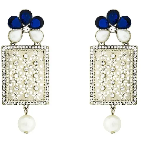 Designer American Diamond Pearl Rhodium Long Earrings