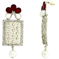 ZIVOM#174; Designer American Diamond Ruby Red Pearl Rhodium Long Earring For Women-thumb1