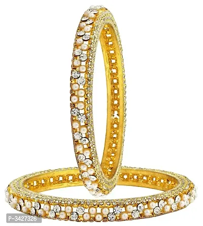 ZIVOM#174; Stylish Wedding Pearl American Diamond CZ Gold Plated Bangle Pair Set of 2 for Girls Women-thumb0