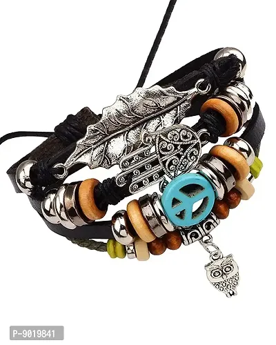 Zivom#174; Black Leather Hamsa Peace Charm Wrist Band Multi Strand Bracelet-thumb0