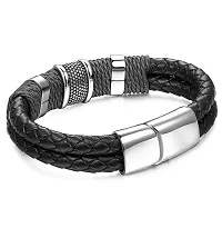 ZIVOM Black Leather 316 L Surgical Stainless Steel Wrist Band Strap Bracelet for Men-thumb1