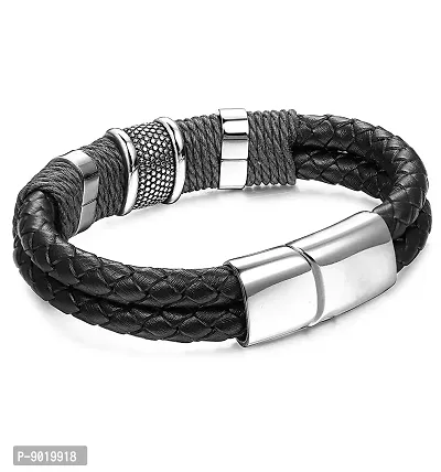 ZIVOM Black Leather 316 L Surgical Stainless Steel Wrist Band Strap Bracelet for Men-thumb2