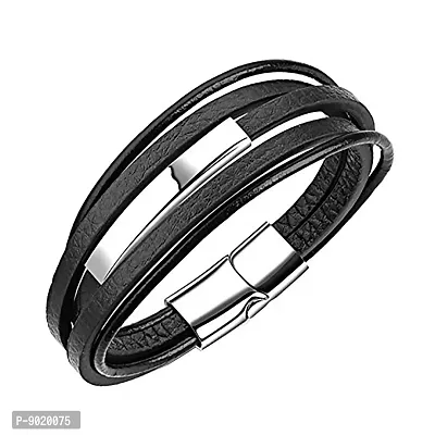 ZIVOM The Jewelbox Multi-Layer Chocolate Black Leather Wrist Band Strand Rakhi Bracelet for Men-thumb0