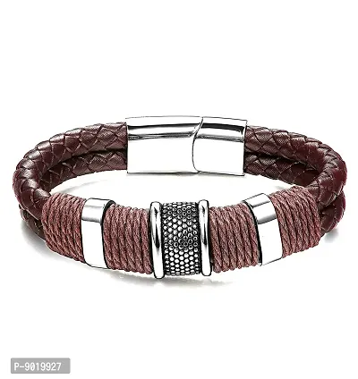 Zivom#174; Rope Braided Brown Leather Stainless Steel Wrist Band Bracelet Men-thumb4