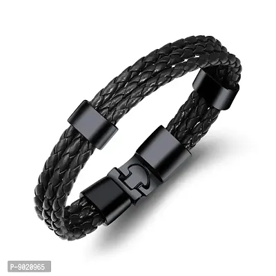 Zivom#174; Black Biker Triple Layer Braided Rope Leather Wrist Band Wrap Bracelet-thumb0