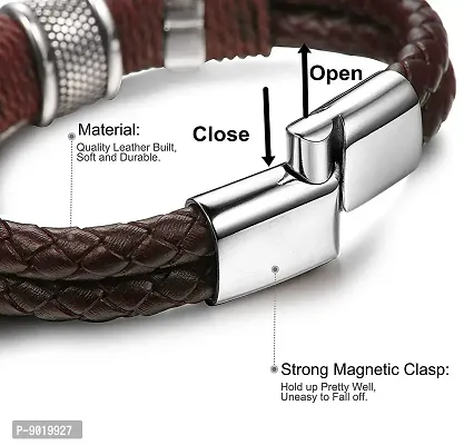 Zivom#174; Rope Braided Brown Leather Stainless Steel Wrist Band Bracelet Men-thumb2