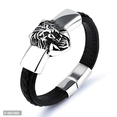 Zivom Stainless Steel With Cubic Zirconia Lion Punk Biker Bracelet For Boy  Men (black, Silver)-thumb0