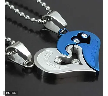 Zivom#174; Silver Blue Stainless Steel Love Puzzle Heart Couple Pendant Chain Combo Men Women-thumb2