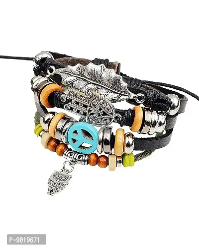 Zivom#174; Black Leather Hamsa Peace Charm Wrist Band Multi Strand Bracelet-thumb3