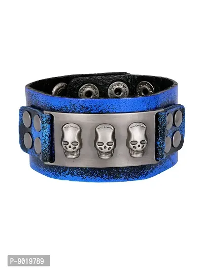 Zivom#174; Skull Denim Blue Handcrafted Leather Wrist Band Strap Biker Bracelet-thumb2