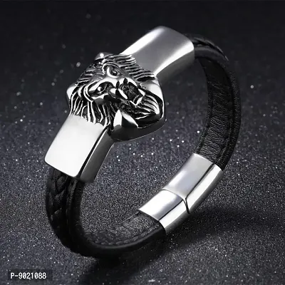Zivom Stainless Steel With Cubic Zirconia Lion Punk Biker Bracelet For Boy  Men (black, Silver)-thumb2