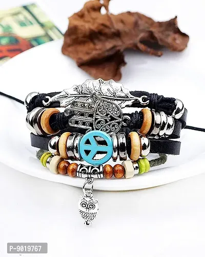 Zivom#174; Black Leather Hamsa Peace Charm Wrist Band Multi Strand Bracelet-thumb4