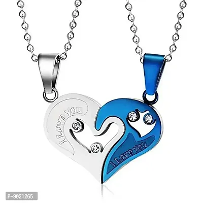 Zivom#174; Silver Blue Stainless Steel Love Puzzle Heart Couple Pendant Chain Combo Men Women-thumb0