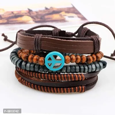 Zivom#174; Peace Handcrafted Brown Leather Wrist Band Multi Strand Bracelet Men-thumb3