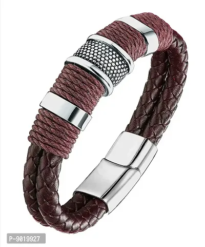 Zivom#174; Rope Braided Brown Leather Stainless Steel Wrist Band Bracelet Men-thumb0