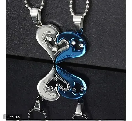 Zivom#174; Silver Blue Stainless Steel Love Puzzle Heart Couple Pendant Chain Combo Men Women-thumb4