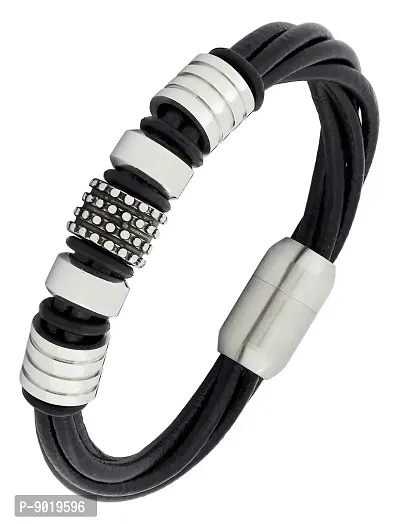Zivom#174; Biker Braided Black Leather Stainless Steel Wrist Band Bracelet Men-thumb0