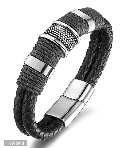 ZIVOM Black Leather 316 L Surgical Stainless Steel Wrist Band Strap Bracelet for Men-thumb0