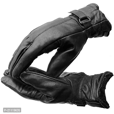 Men Black Solid Leather Warm Winter Riding Gloves, Protective Cycling Bike Motorcycle Gloves Black Large Pack of 1-thumb0