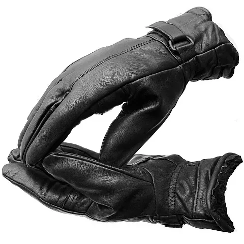 Mourya Saller Men Black Solid Leather Warm Winter Riding Gloves, Protective Cycling Bike Motorcycle Gloves ||Black ||Free Size || (Pack of 1)