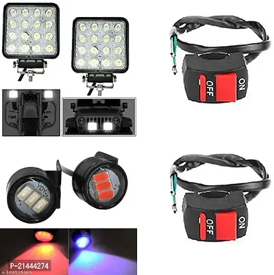 Combo of Fog Light 16 LED Strobe Light Red Blue Car Bike Headlight Lamp With Wire Switch 2pc