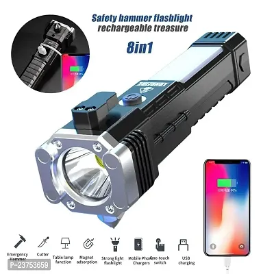 Portable Rechargeable Torch LED Flashlight Long Distance Beam Range with Power Bank, Hammer and Strong Magnets,Window Glass and Seat Belt Cutter 4 Modes for Car Camping Hiking Indoor Outdoor (Silver)