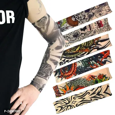 Nylon Arm Sleeve For Men  Women With Tattoo Arm Sleeves Temporary Fake Slip on Arm Protector Body Art Arm Stockings Accessories - Designs Tribal, Dragon, Skull (Free, Multicolor) Pack of 2 Pair-thumb0