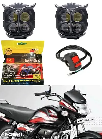 Owl LED Fog Light Yellow/White and red Devil Eye Effect 3 Colour Mode with Flashing Pattern Universal For All Bikes with  switch polish  (DC9-80V  40W, Pack of 2)