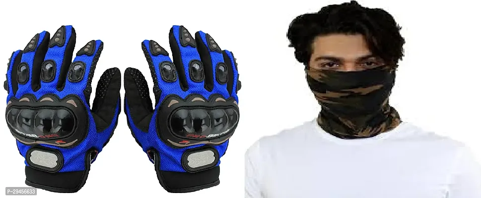 Probiker Leather Motorcycle Riding Gloves (blue) with Headband Head Wrap Bandana Headwear Face Mask magic scarf for men  women Set Of1-thumb0