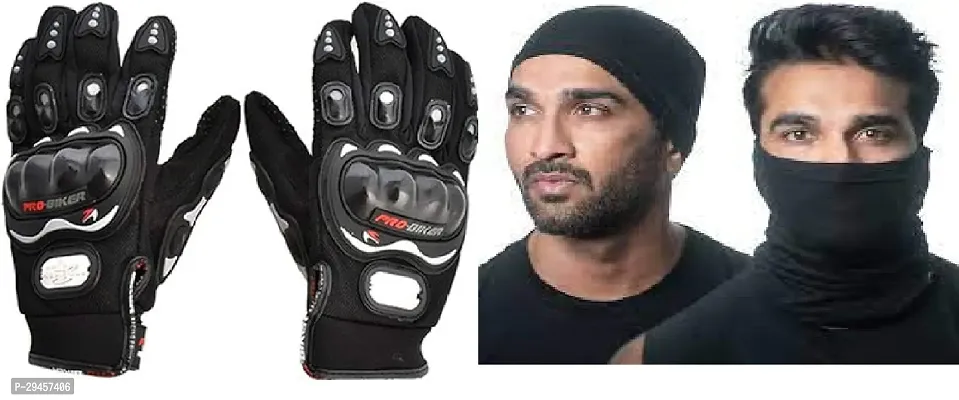 Probiker Leather Motorcycle Riding Gloves (black) with Headband Head Wrap Bandana Headwear Face Mask magic scarf for men  women Set Of1