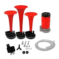 Car/Bikes/Truck 3 Pipe Air Pressure  Horn   with 12 Volt Air Compressor, Fitting Accessories | For Car and Bikes | Red-thumb4