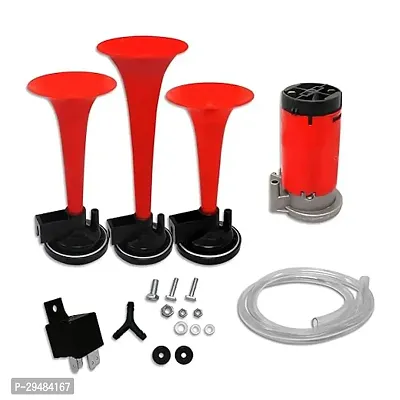 Car/Bikes/Truck 3 Pipe Air Pressure  Horn   with 12 Volt Air Compressor, Fitting Accessories | For Car and Bikes | Red-thumb5