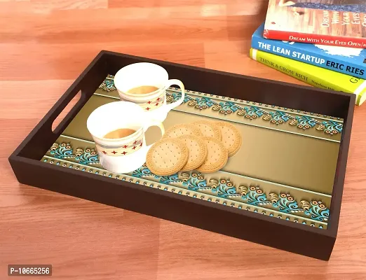 BP Design Solution Flower Border Design MDF Vinyl Printing Serving Tray for Kitchen serveware Coffee Tray Table Tray Size 15x9.5x1.85 inch