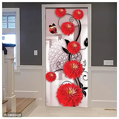 BP Design Solution Vinyl Red Flower Door Sticker Wallpaper for Door, Almirah, Table, Ac, Fridge Size 30x78 inch-thumb3