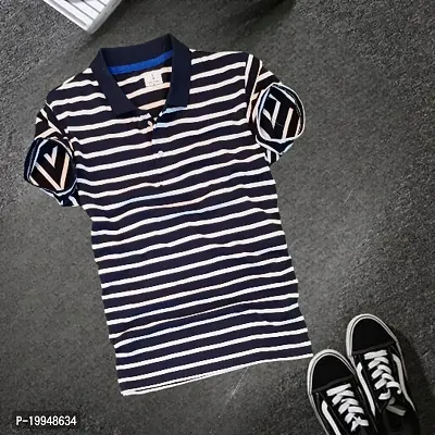 Reliable Navy Blue Cotton Striped Polos For Men-thumb0