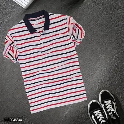Reliable Red Cotton Striped Polos For Men