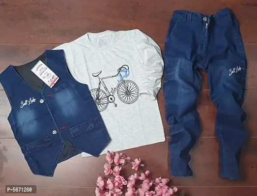 Kids Cotton Top and Denim Bottom with Jacket (3 Pcs suit)-thumb0