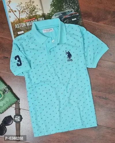 Turquoise Cotton Blend Polos For Men-thumb0